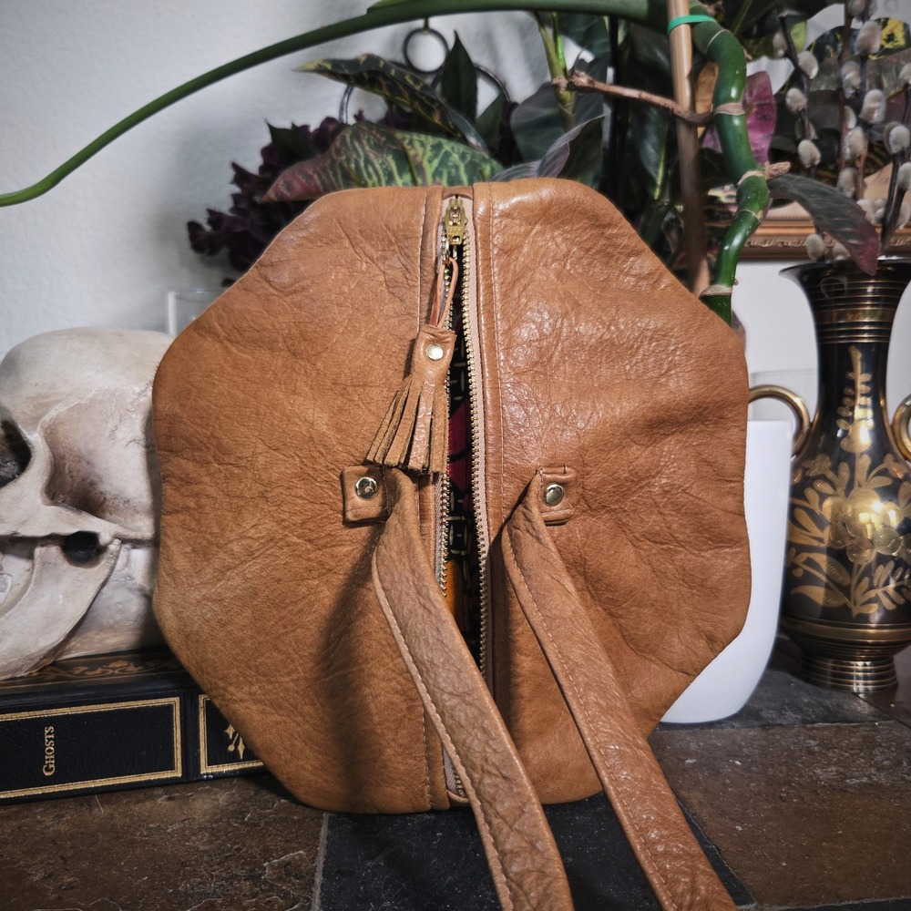 Napa Leather Saucer Purse Tan Round Tassel Shoulder Handbag 10x10 Bag